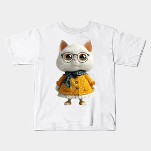 Big Eyes Cute Cat Wearing Glasses And Scarf Kids T-Shirt